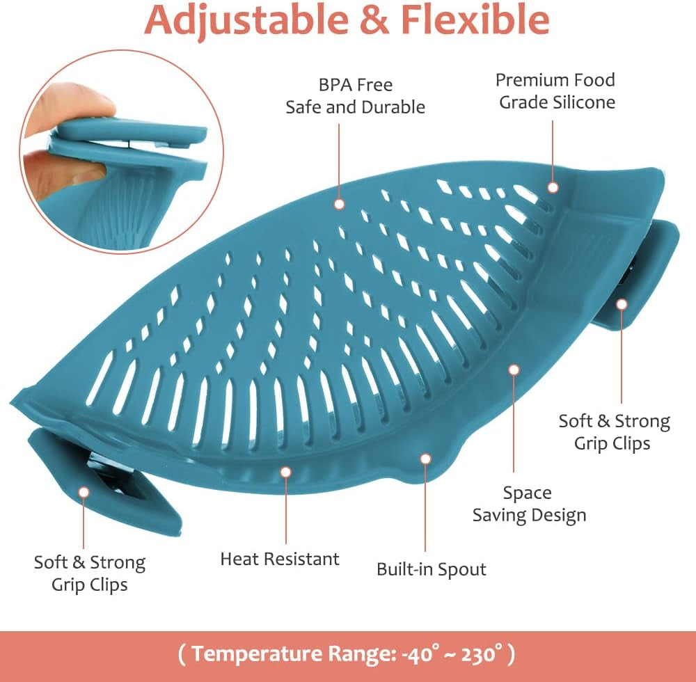 Clip on Strainer for Pots Pan Pasta,Silicone Food Strainer Hands-Free Pan Strainer, Clip-On Kitchen Food Strainer for Spaghetti, Pasta, Ground Beef Fits All Bowls and Pots (Teal)