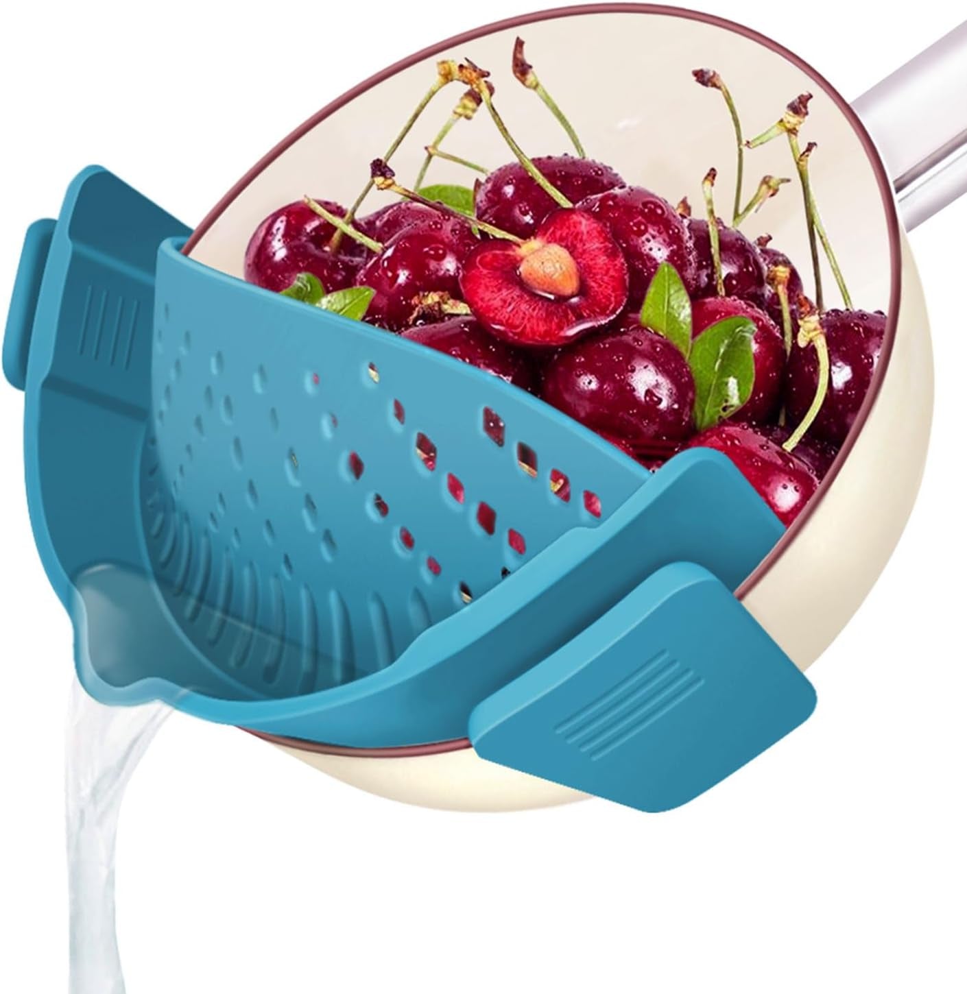 Clip on Strainer for Pots Pan Pasta,Silicone Food Strainer Hands-Free Pan Strainer, Clip-On Kitchen Food Strainer for Spaghetti, Pasta, Ground Beef Fits All Bowls and Pots (Teal)