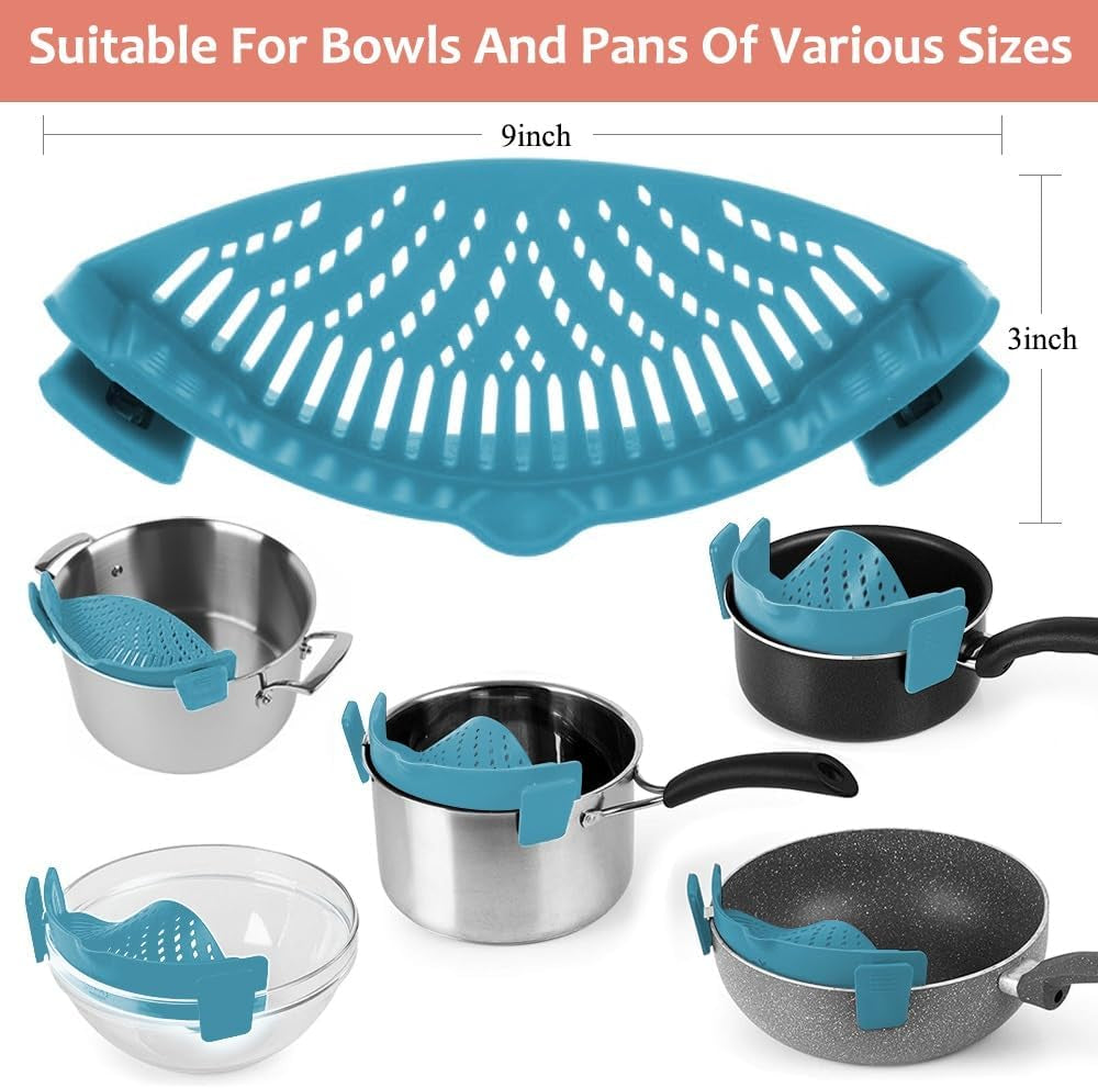 Clip on Strainer for Pots Pan Pasta,Silicone Food Strainer Hands-Free Pan Strainer, Clip-On Kitchen Food Strainer for Spaghetti, Pasta, Ground Beef Fits All Bowls and Pots (Teal)