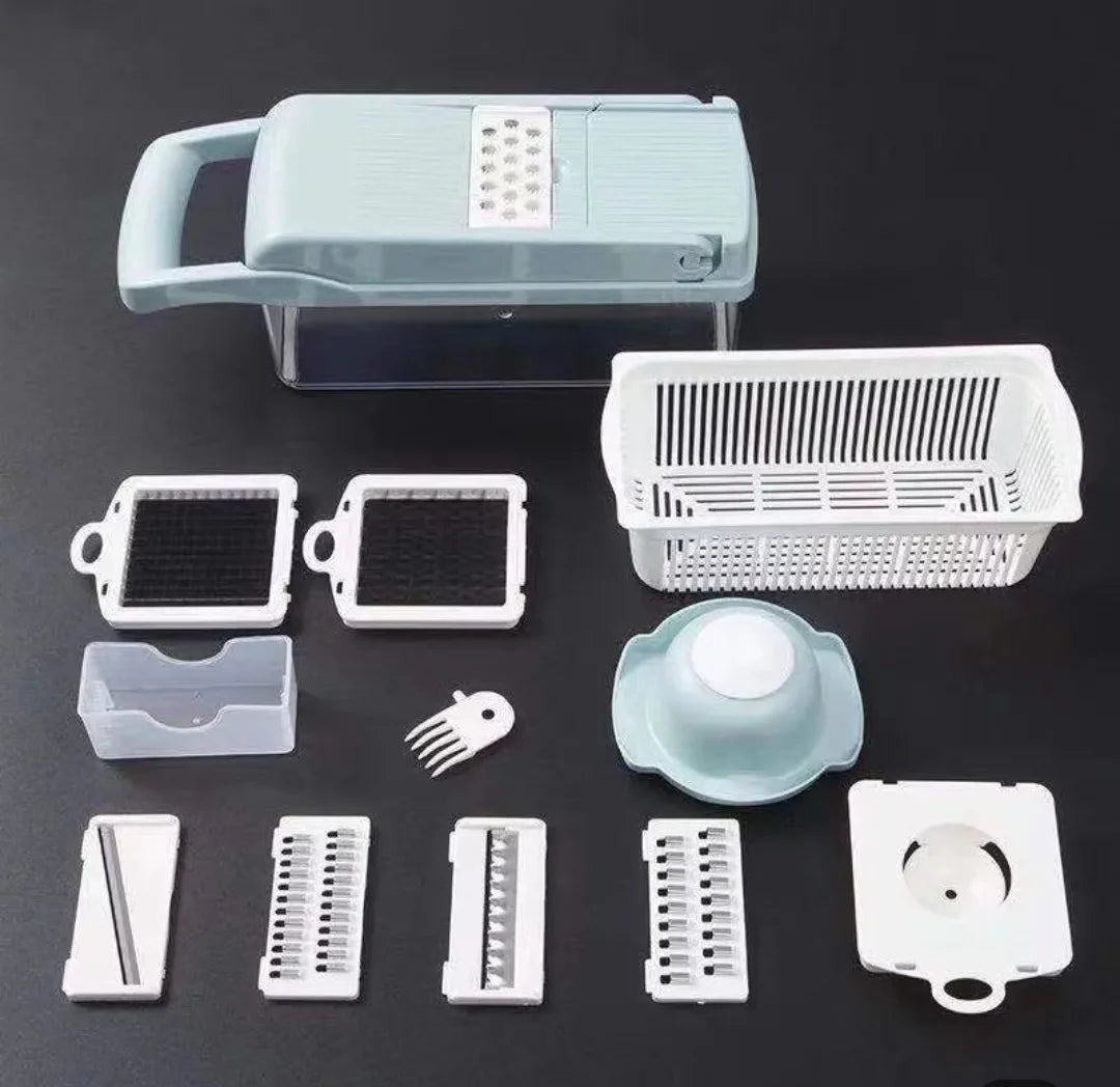 Veggie Chopper with Container, Stainless Steel, 7 Blade Options, Food-Grade Components - Blue