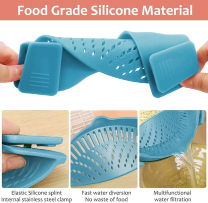 Clip on Strainer for Pots Pan Pasta,Silicone Food Strainer Hands-Free Pan Strainer, Clip-On Kitchen Food Strainer for Spaghetti, Pasta, Ground Beef Fits All Bowls and Pots (Teal)