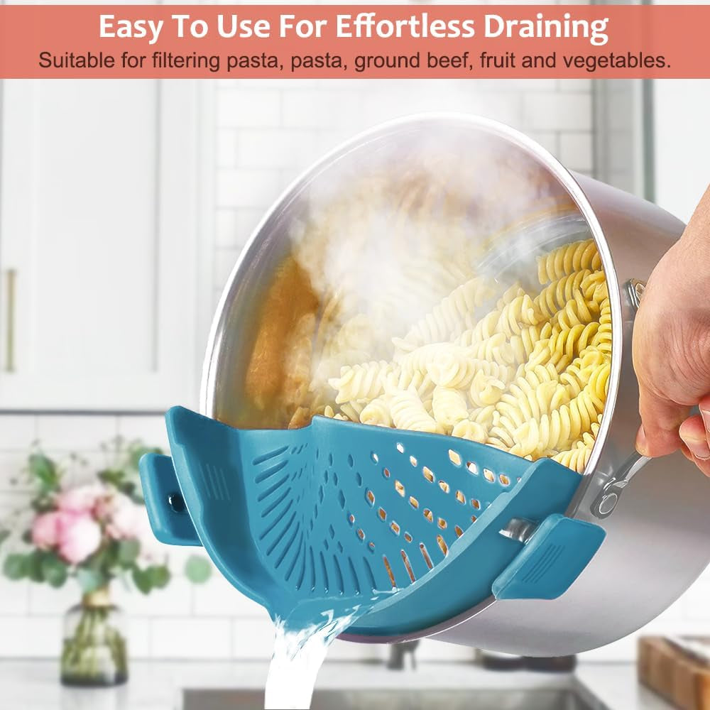 Clip on Strainer for Pots Pan Pasta,Silicone Food Strainer Hands-Free Pan Strainer, Clip-On Kitchen Food Strainer for Spaghetti, Pasta, Ground Beef Fits All Bowls and Pots (Teal)