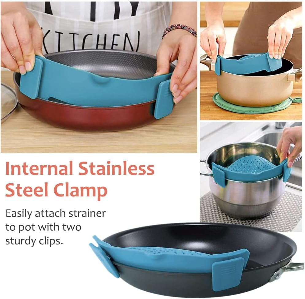 Clip on Strainer for Pots Pan Pasta,Silicone Food Strainer Hands-Free Pan Strainer, Clip-On Kitchen Food Strainer for Spaghetti, Pasta, Ground Beef Fits All Bowls and Pots (Teal)