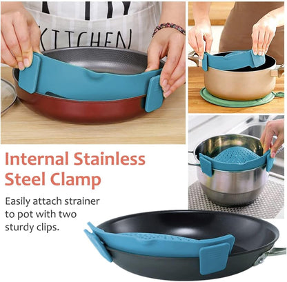Clip on Strainer for Pots Pan Pasta,Silicone Food Strainer Hands-Free Pan Strainer, Clip-On Kitchen Food Strainer for Spaghetti, Pasta, Ground Beef Fits All Bowls and Pots (Teal)